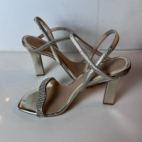 Jewel Badgley Mischka Light Gold Rhinestone Strap Block Heel Sandals Size 6 - Picture 1 of 8